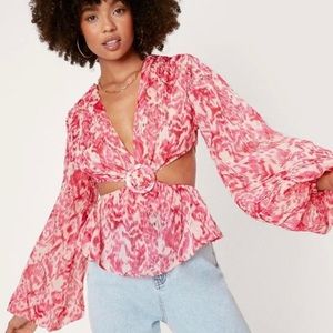 Nasty Gal Printed O Ring Cut Out Blouse NWT